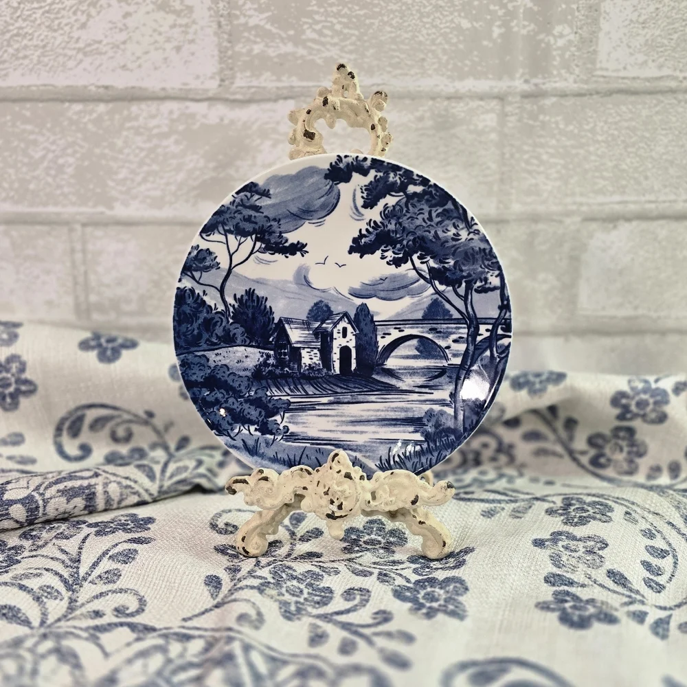 Country Heritage Blue & White Porcelain 6" Dessert Plates Set of 4 Cottage Farm - Picture 5 of 8